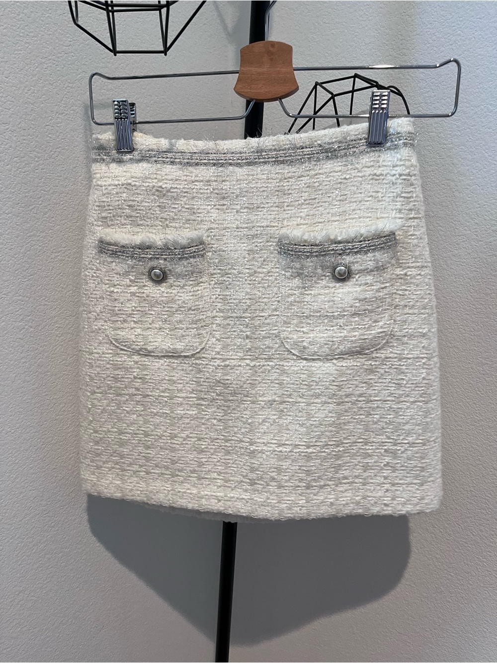 Zara Cream Tweed Pencil Skirt with Pocket Details